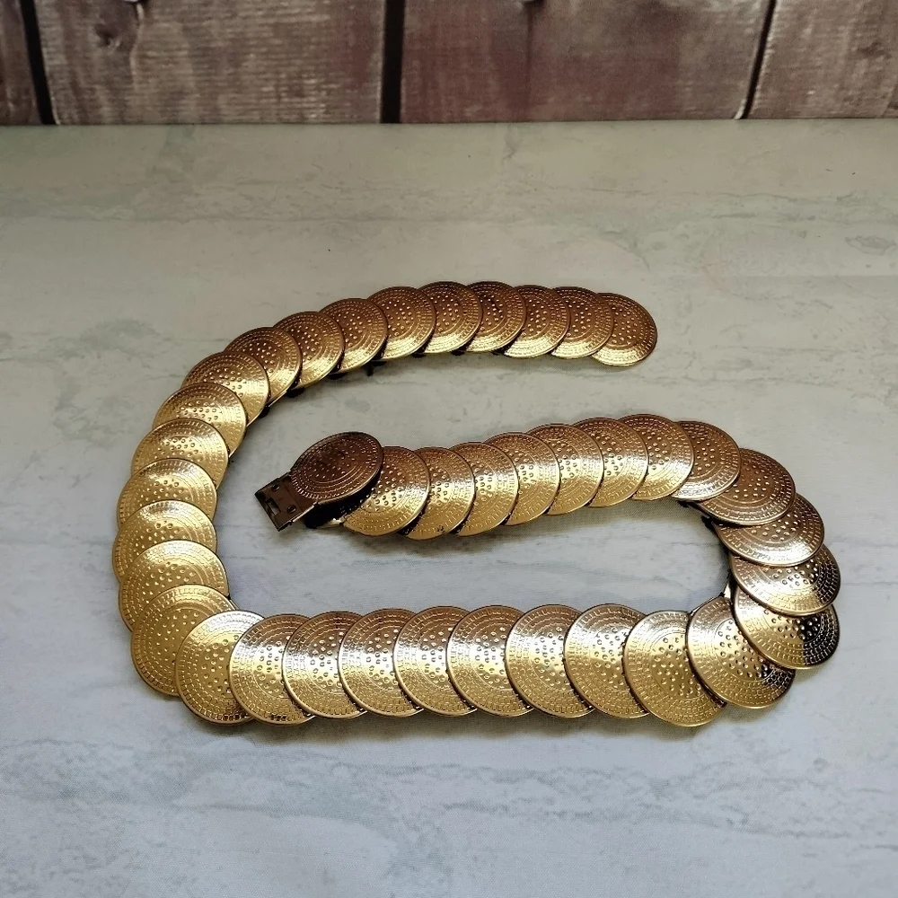 Gold Tone Coin Stretch Belt Glam Rock 80s Vintage Retro Women's